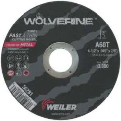 Weiler Wolverine AO Flat Type 1 Cutting Wheel, 4-1/2", 0.045", 7/8" Arbor, 60 Grit 56281